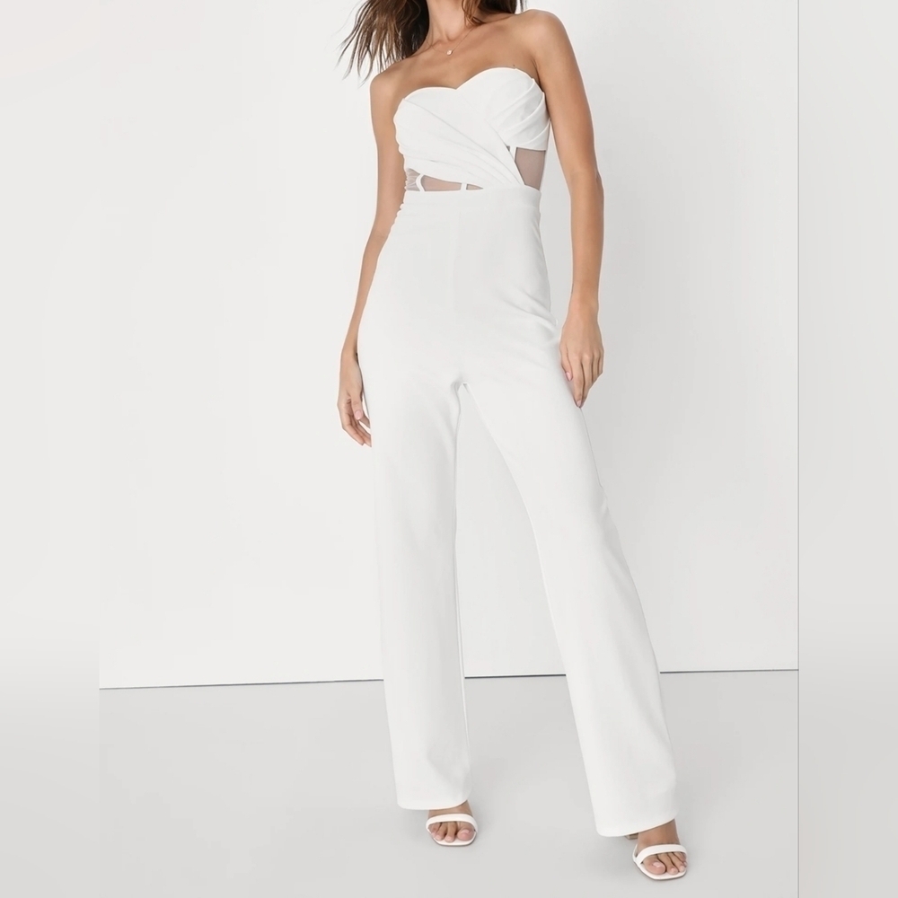 Lulus Surely Stunning Ivory Strapless Bustier Jumpsuit, Sheer Mesh Sides